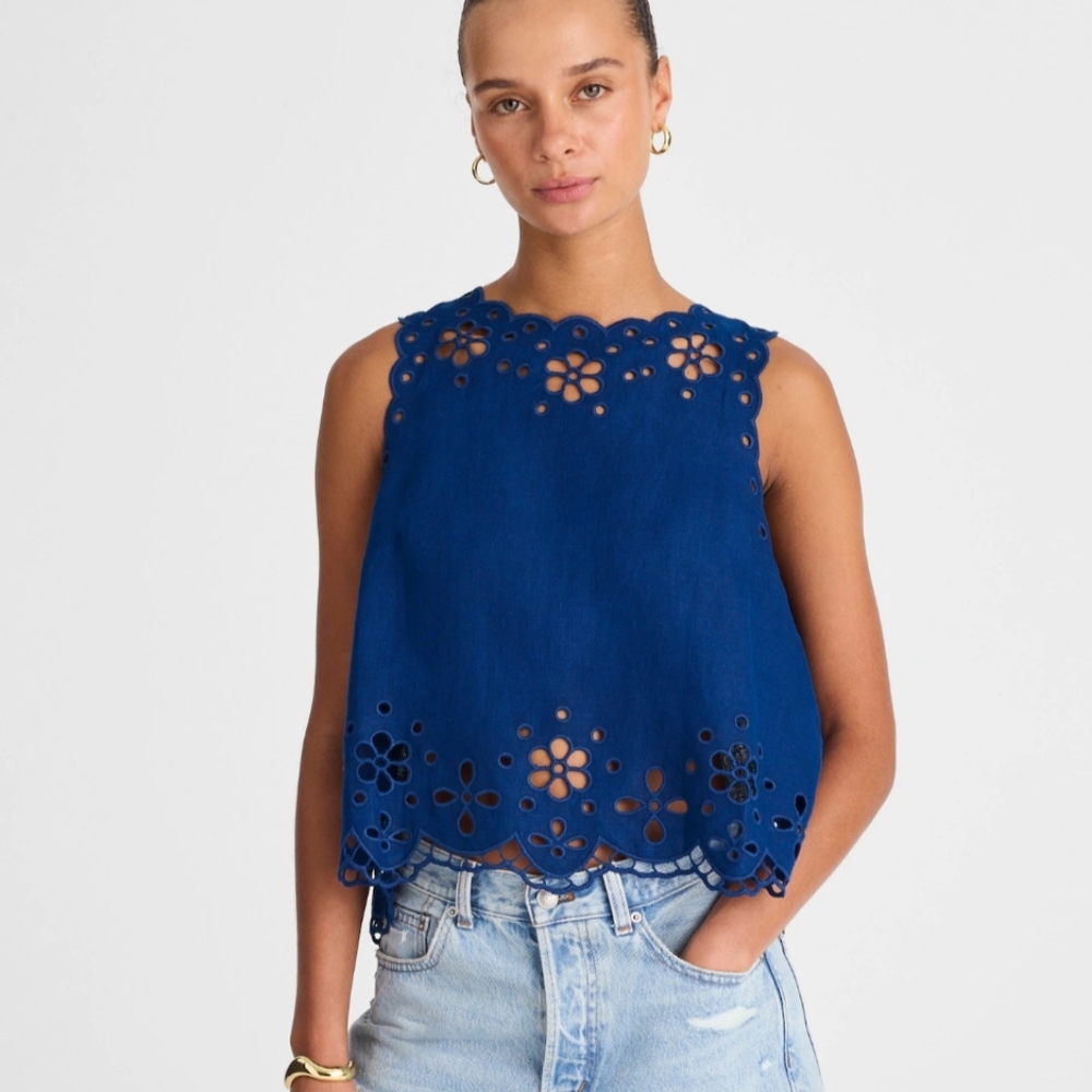 Madewell Embroidered Eyelet High-Low Tank NV191 Size L Royal Blue NWT